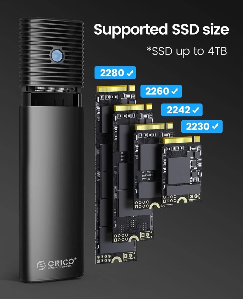 Orico M.2 NVMe SATA SSD Enclosure Adapter Tool-Free, USB C 3.2 Gen 2 10Gbps NVMe, 5Gbps NGFF SATA PCIe M-Key(B+M Key) 2230/2242/2260/2280, Aluminum External M2 Reader Support UASP Trim- BK(G2A) - Image 4